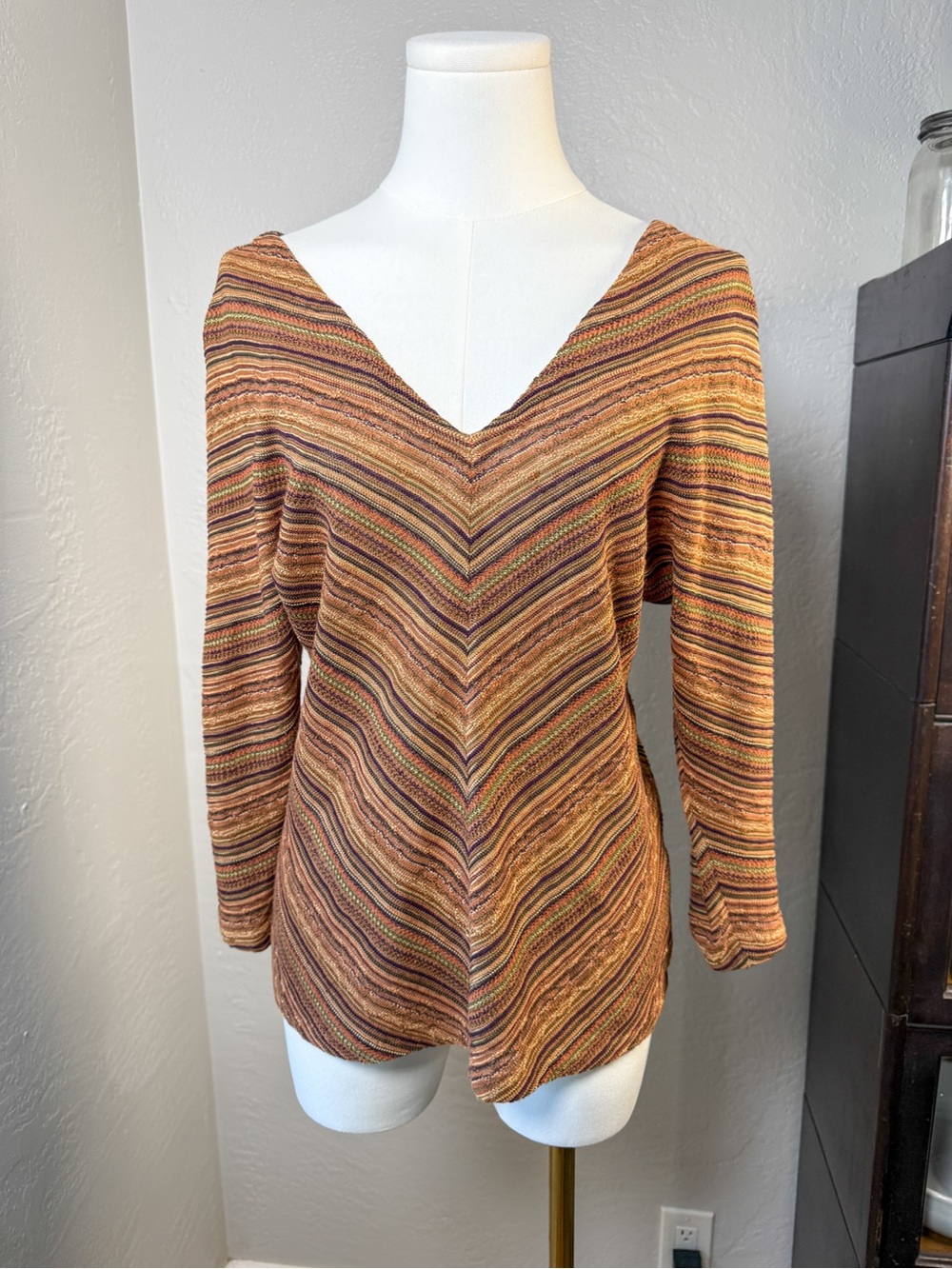 Lauren Ralph Lauren Petite Retro 70’s Brown  Linen Silk Chevron Knit Top Size MP